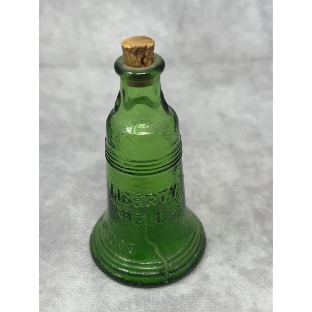 vintage wheaton liberty bell bottle glass green with cork embossed taiwan 3"